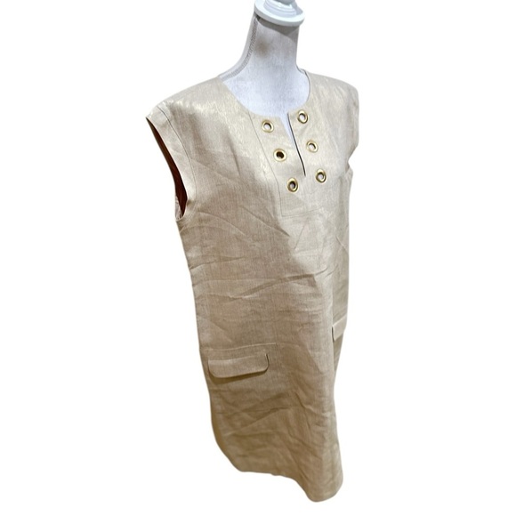 J crew metallic gold linen Dress grommet detail split neck front pockets size 16 - Picture 4 of 10